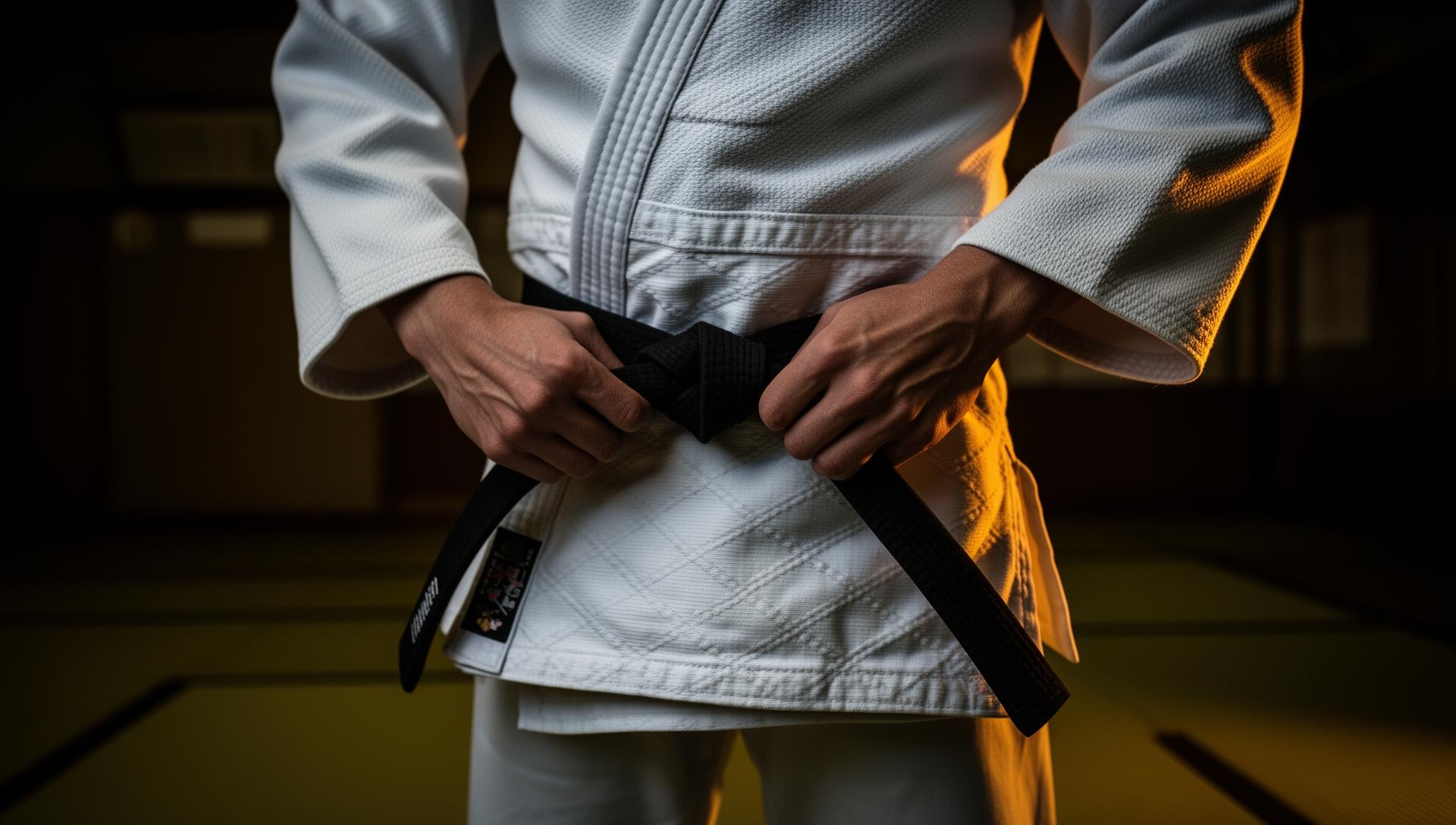 Martial artist tying black belt in dojo